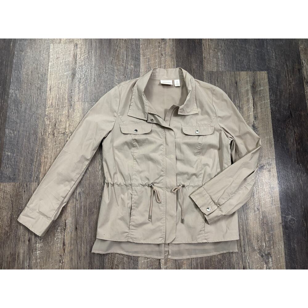 Chico's Women Tan Khaki Utility Jacket Drawstring Waist Sheer Hem‎ Size 0 Small